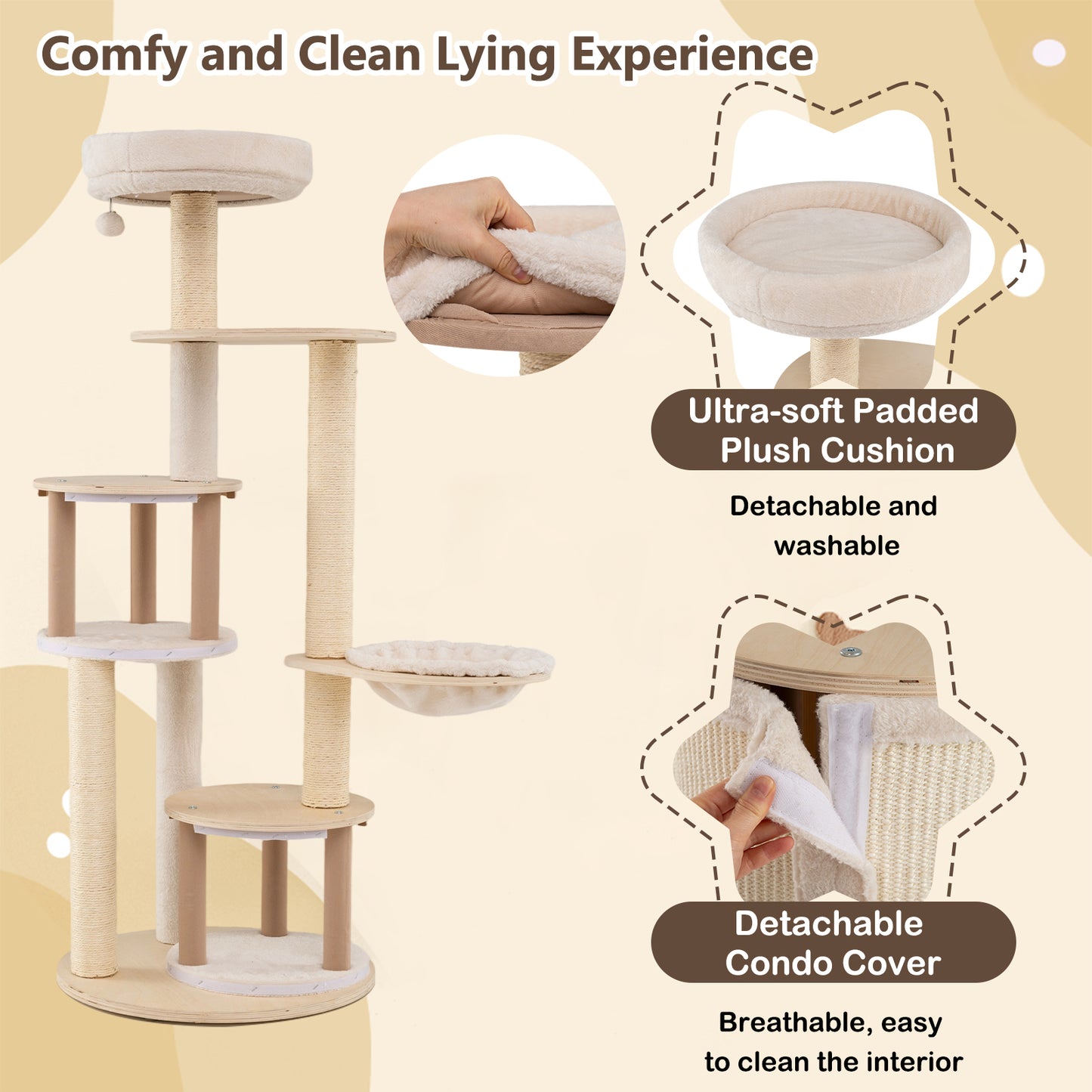 Wooden Kitten Tower with Sisal Scratching Posts and 2 Condos-NA, Natural