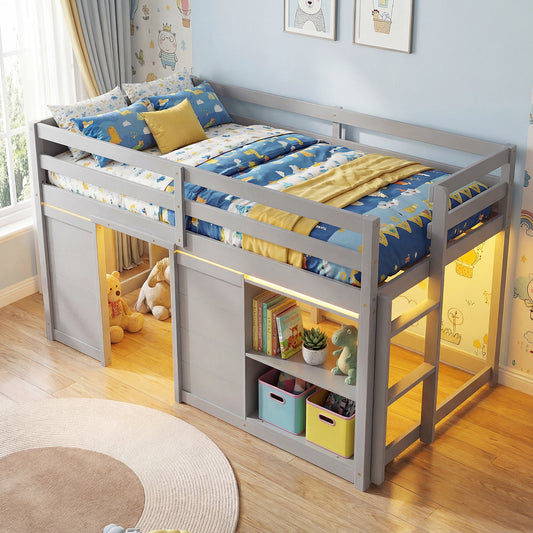 Wooden Low Kids Loft Bed with LED Lights and 2 Doors, Gray Bunk Bed Frame Gray at Gallery Canada
