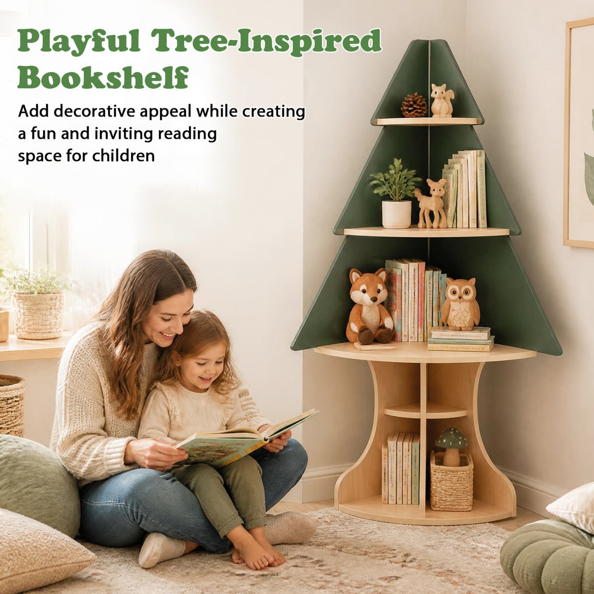 Montessori Wooden Corner Tree Bookshelf, Toy Storage, Green