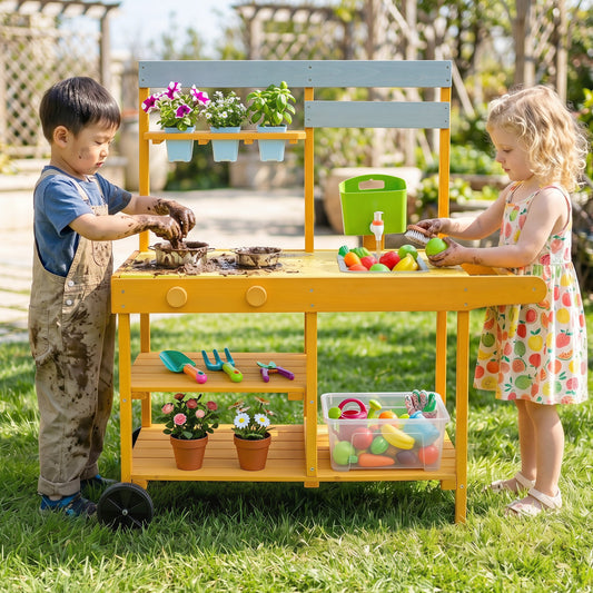 Wooden Outdoor Mud Kitchen for Kids with Flowerpots and Wheels, Yellow Play Kitchen Sets Yellow at Gallery Canada