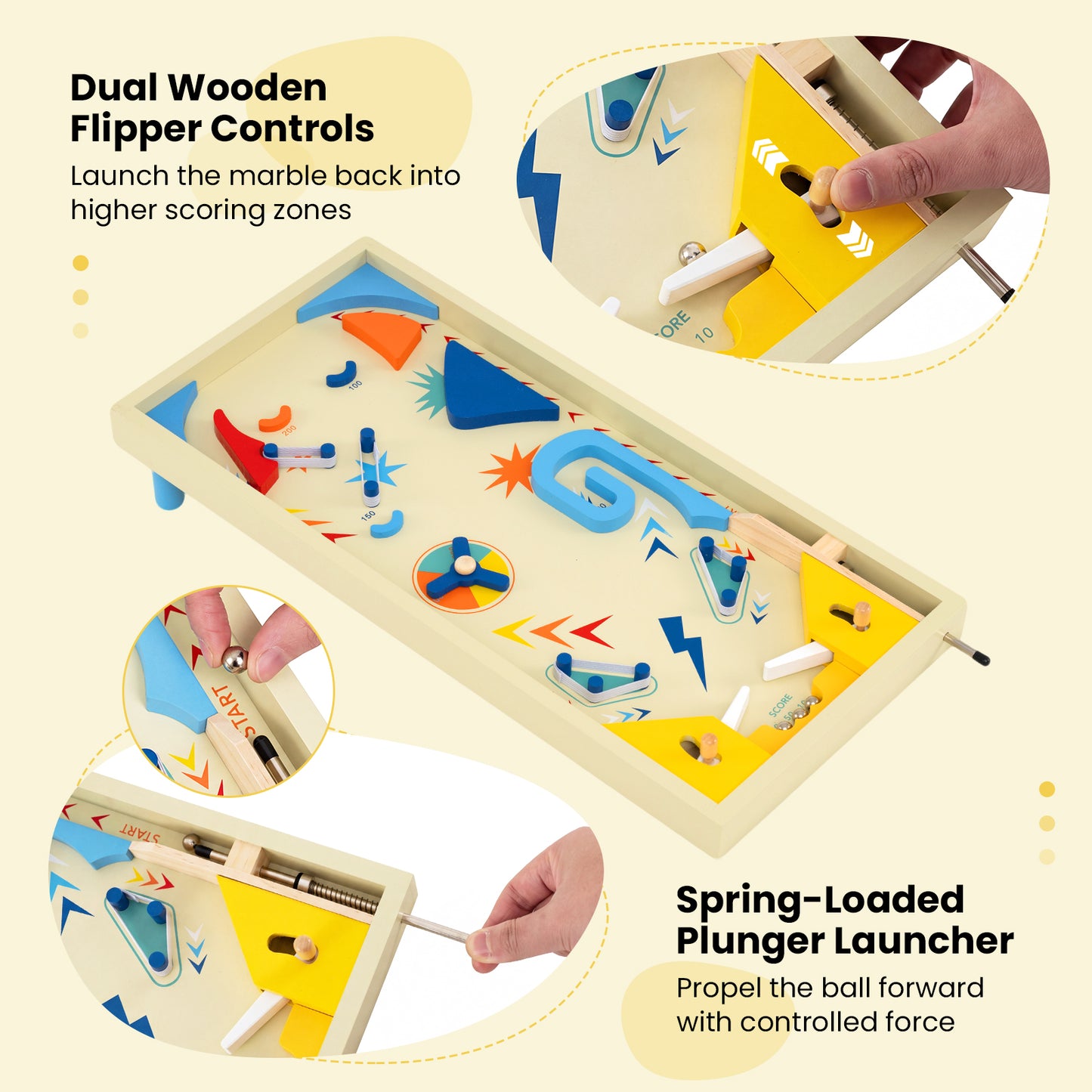 Wooden Pinball Machine, 3 Balls, For Kids And Adults