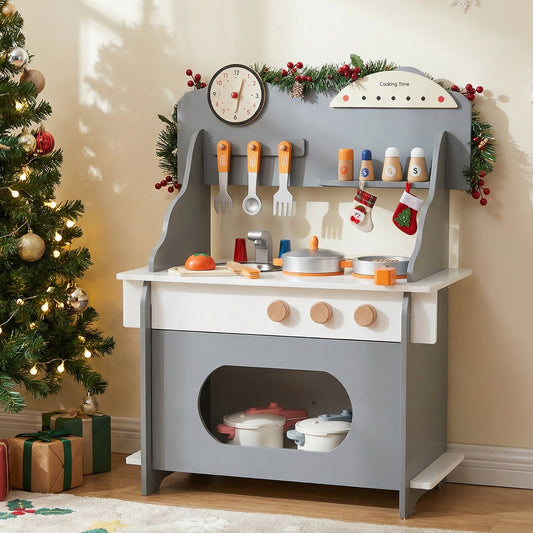 Wooden Play Kitchen for Kids Pretend Play Toy Kitchen Set with Clock Gift for Boys and Girls 3 +, Gray
