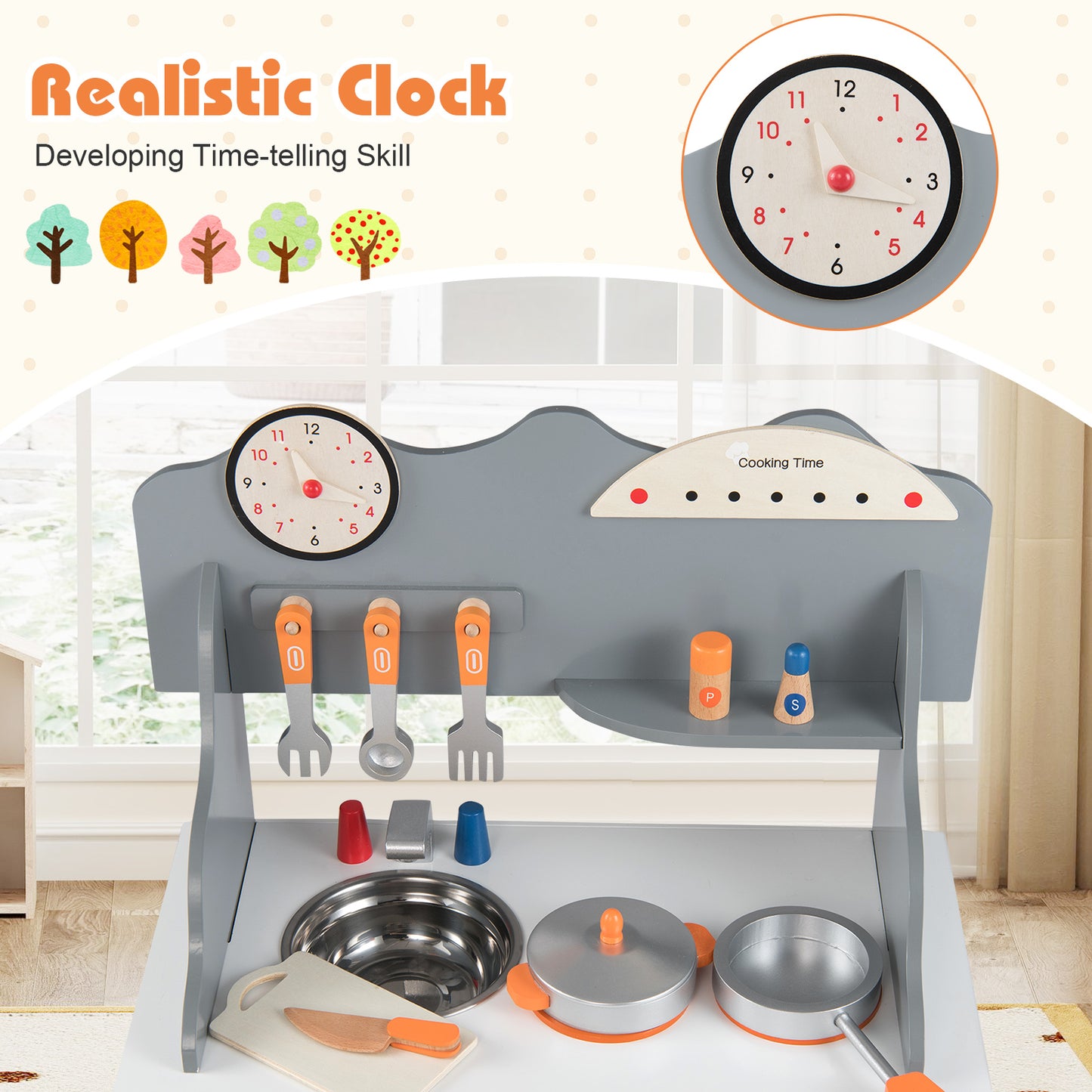 Wooden Play Kitchen for Kids Pretend Play Toy Kitchen Set with Clock Gift for Boys and Girls 3 +, Gray Play Kitchen Sets at Gallery Canada