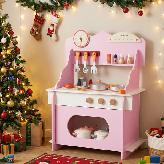 Wooden Play Kitchen for Kids Pretend Play Toy Kitchen Set with Clock Gift for Boys and Girls 3 +Pink, Pink