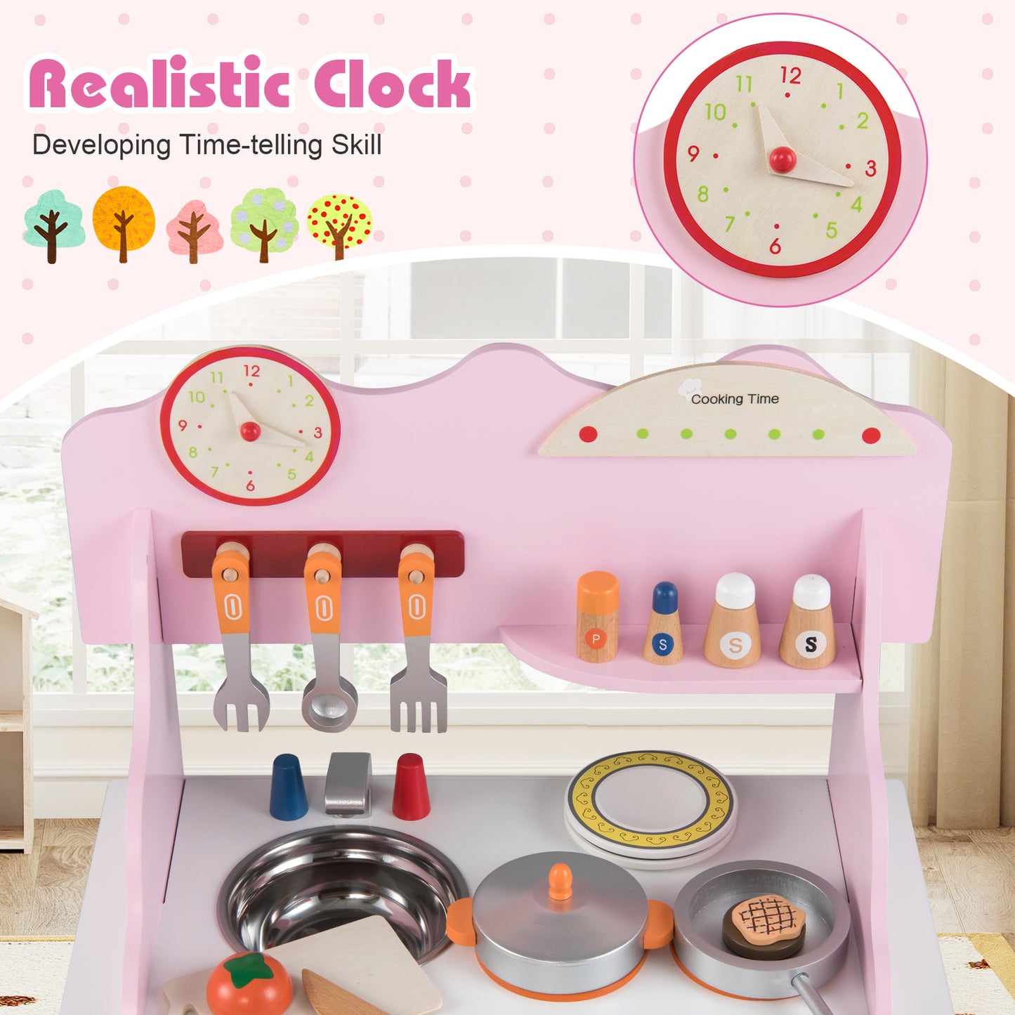 Wooden Play Kitchen for Kids Pretend Play Toy Kitchen Set with Clock Gift for Boys and Girls 3 +Pink, Pink Play Kitchen Sets at Gallery Canada