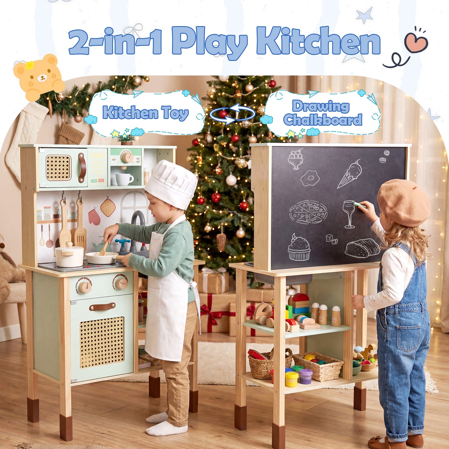 Wooden Play Kitchen for Kids with Lights and Sounds Retro Style With Accessories, Green Play Kitchen Sets at Gallery Canada