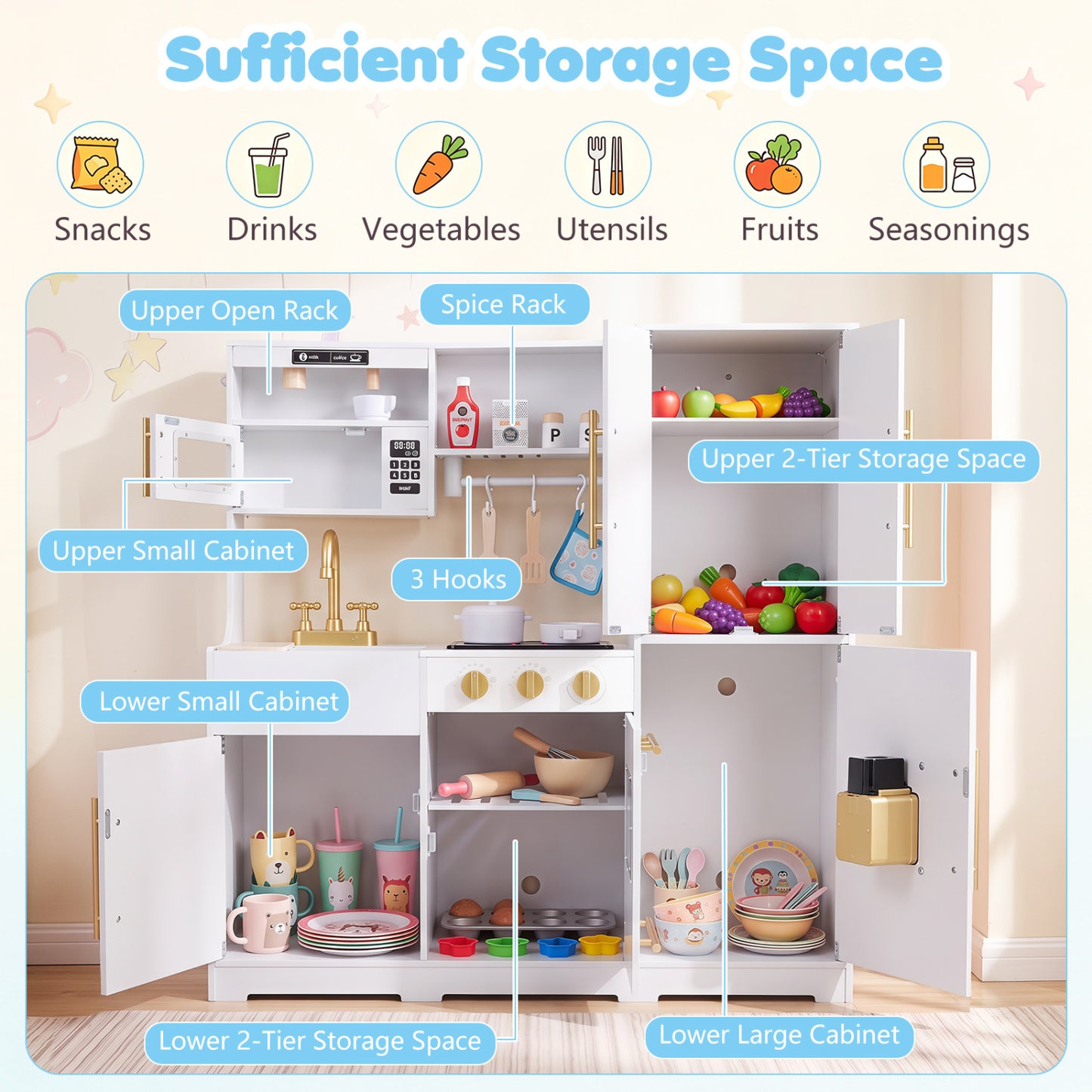 Cuisine en bois avec lumières et sons pour enfants, blanche