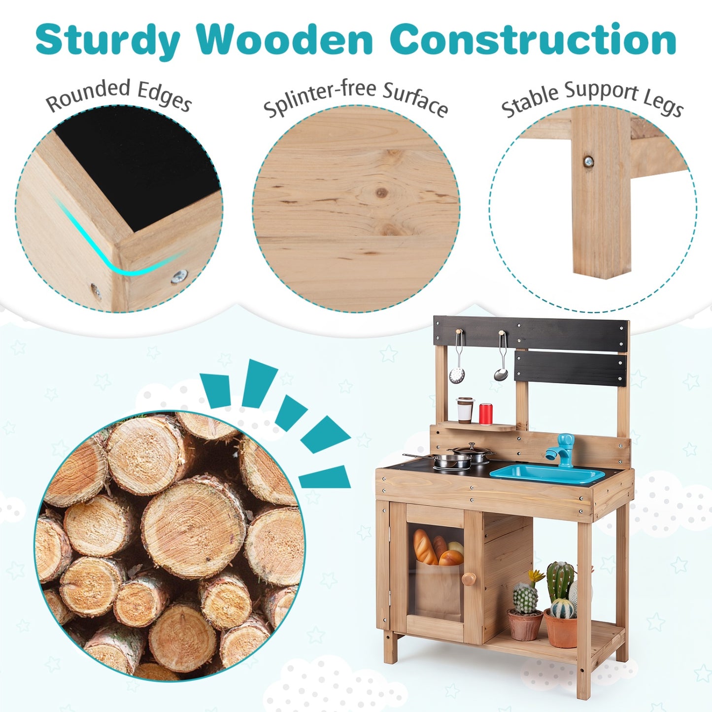 Wooden Play Pretend Kitchen with Stoves Storage Cabinet and Shelf Play Kitchen Sets at Gallery Canada