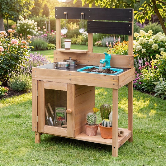 Wooden Play Pretend Kitchen with Stoves Storage Cabinet and Shelf Play Kitchen Sets Natural & Black at Gallery Canada