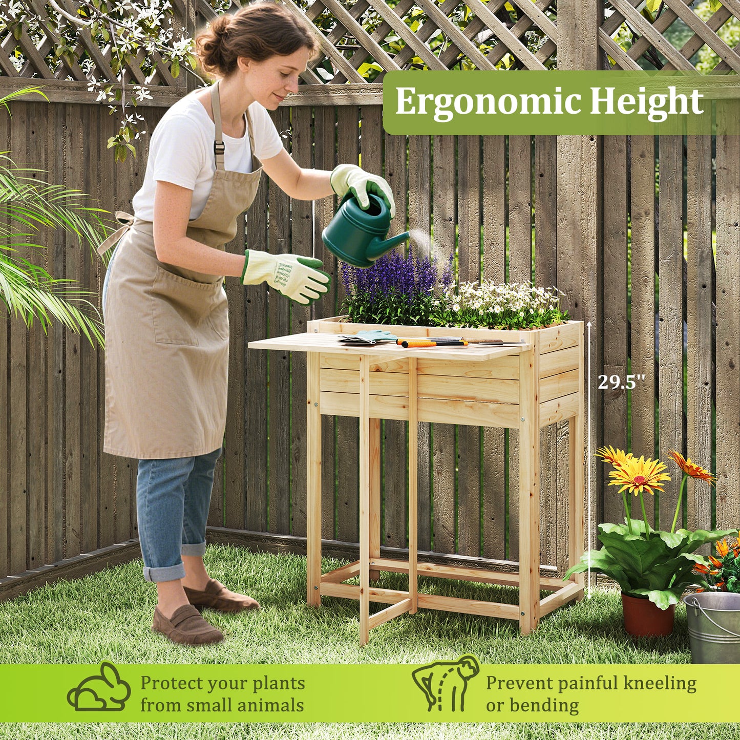 Wooden Raised Garden Bed with Legs and Foldable Side Table, Natural Raised Garden Beds at Gallery Canada