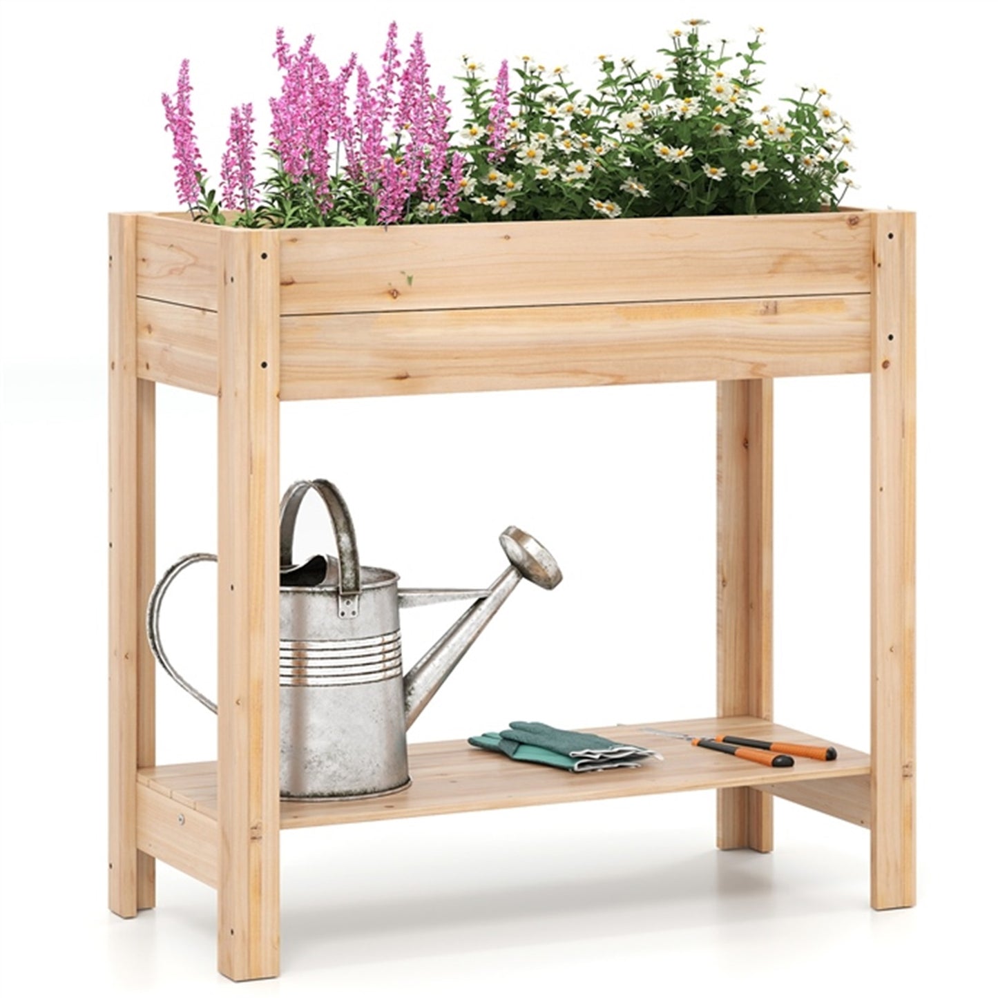 Wooden Raised Garden Bed with Legs and Storage Shelf, Natural