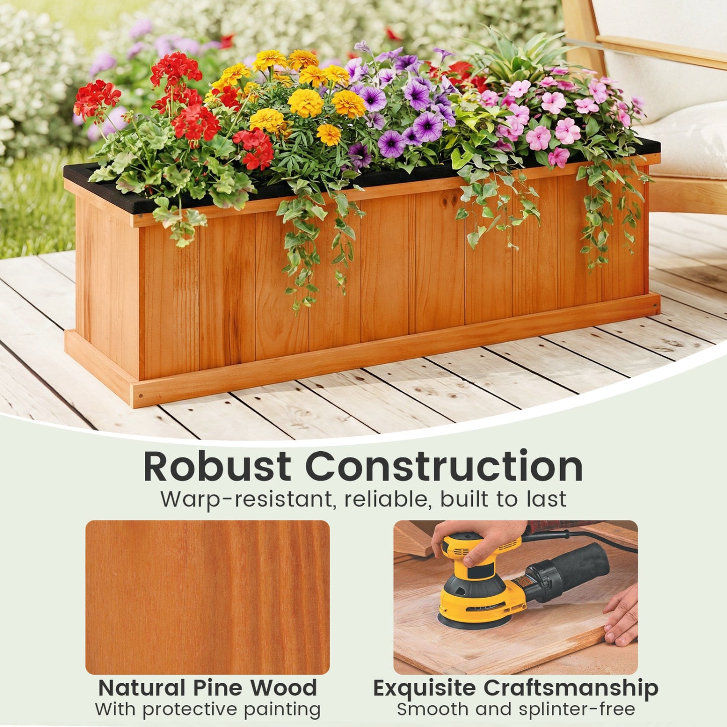 Wooden Raised Garden Bed with Drainage Holes and Liner Solid Fir Wood Planter Box-L Raised Garden Beds at Gallery Canada