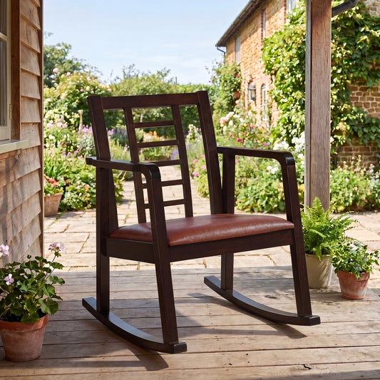 Wooden Rocking Chair with Upholstered Seat and Ladder Back for Living Room, Brown Patio Rocking Chairs & Gliders Brown at Gallery Canada