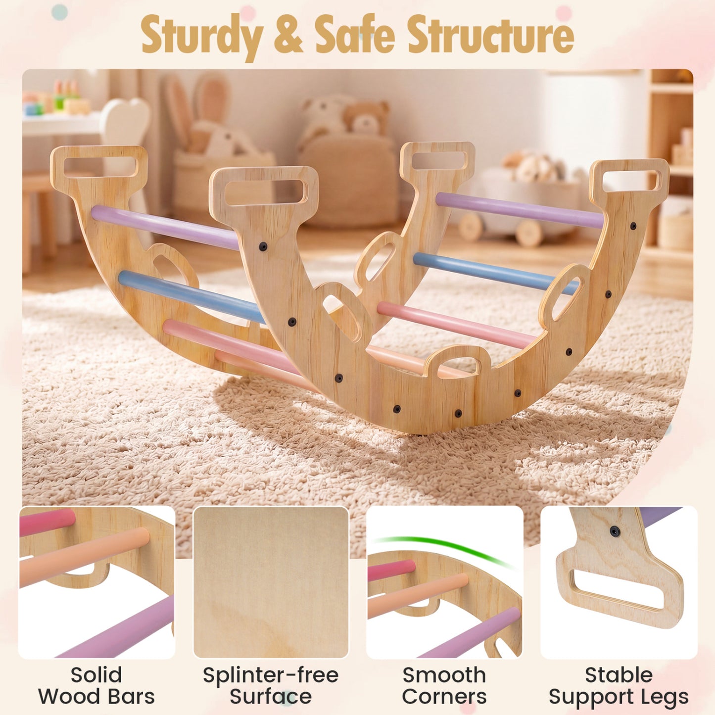 Wooden Rocking Climbing Arch with Cushion 3-in-1 Montessori Kids Climber Rocker, Multicolor Climbers & Slides at Gallery Canada