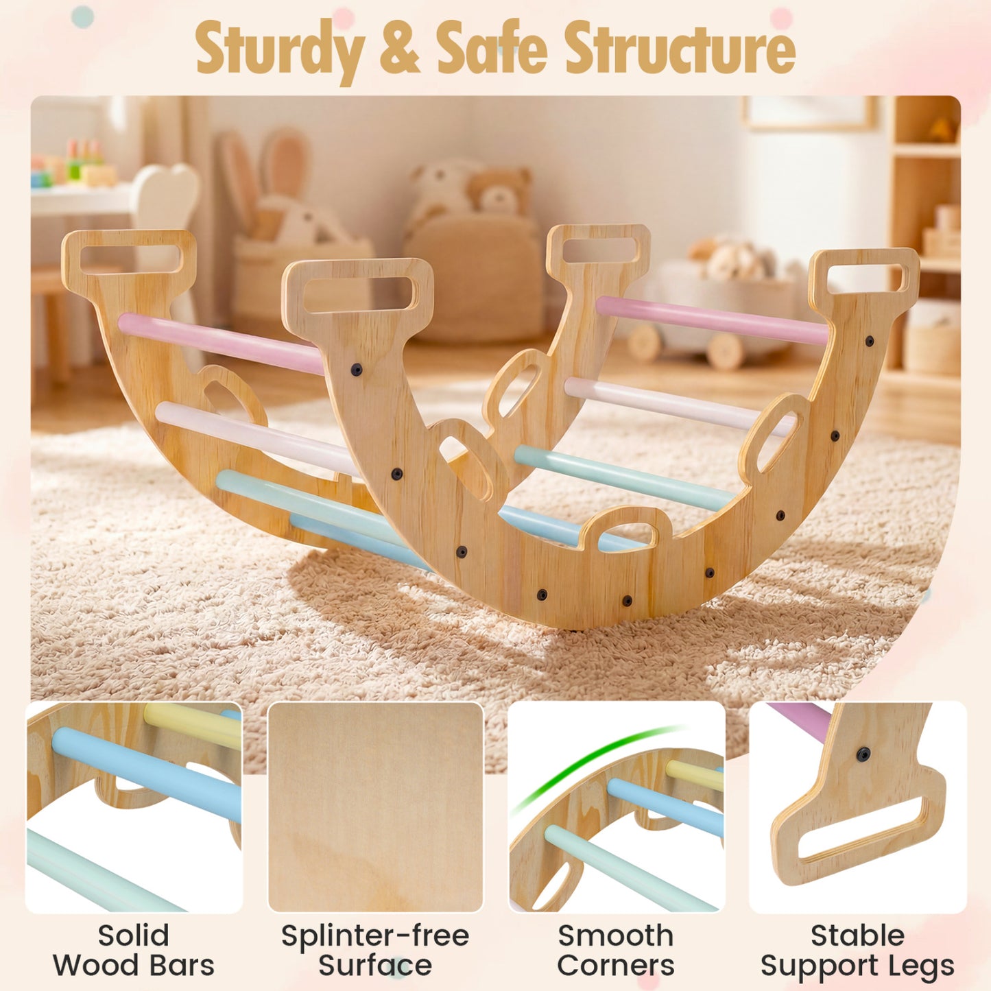 Wooden Rocking Climbing Arch with Cushion 3-in-1 Montessori Kids Climber Rocker, Macaron Climbers & Slides at Gallery Canada