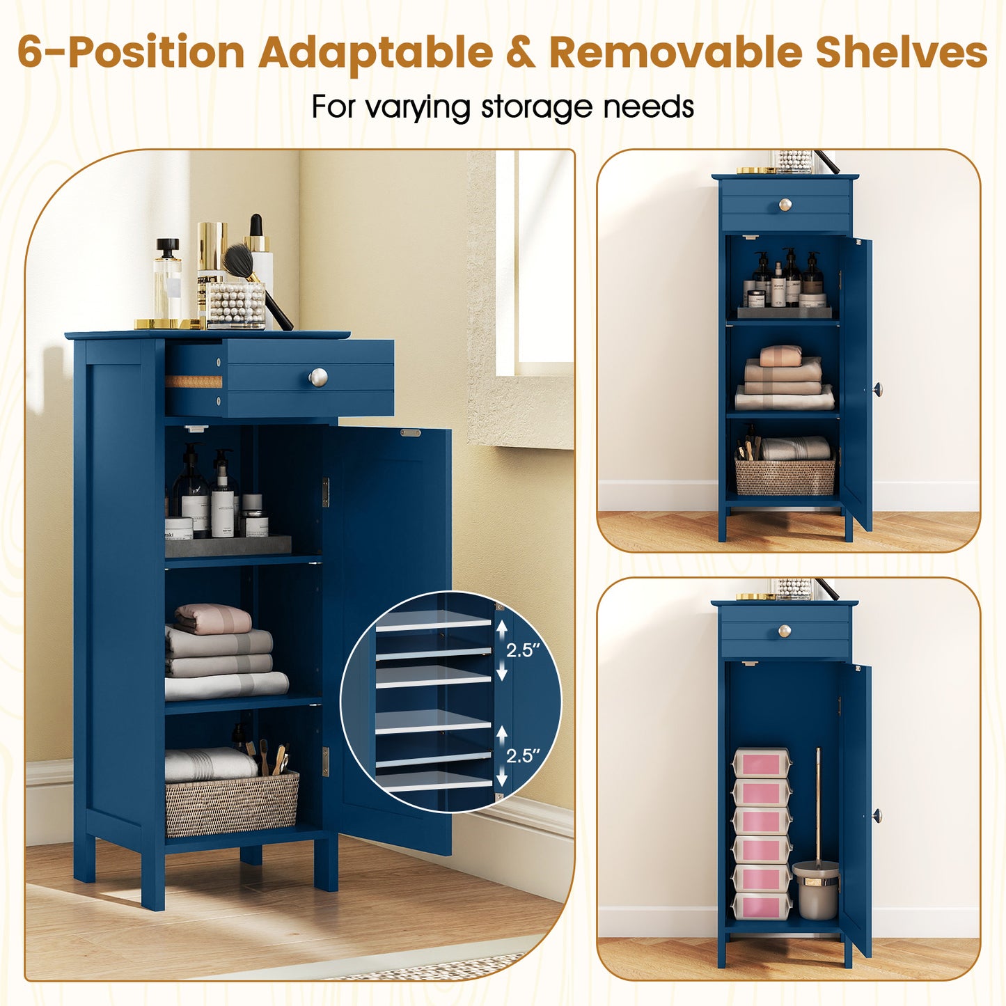 Wooden Storage Free-Standing Floor Cabinet with Drawer and Shelf, Blue Floor Cabinets at Gallery Canada