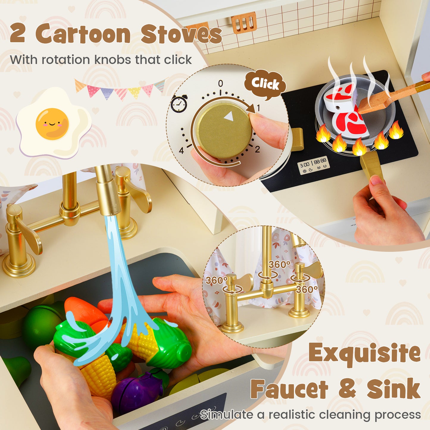 Wooden Toy Kitchen Playset with 14 Accessories for Aged 3+ Years-WH, Beige