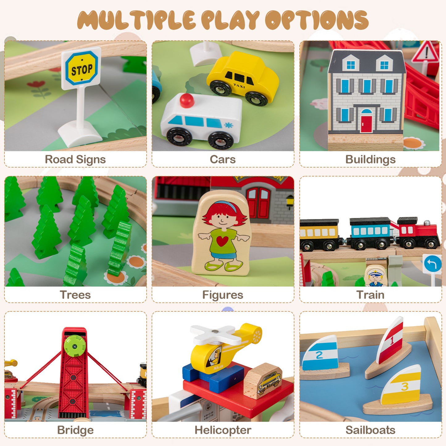 Wooden Train Set Table Kids Multipurpose Activity Play Table with 2 Reversible Tabletops, Red