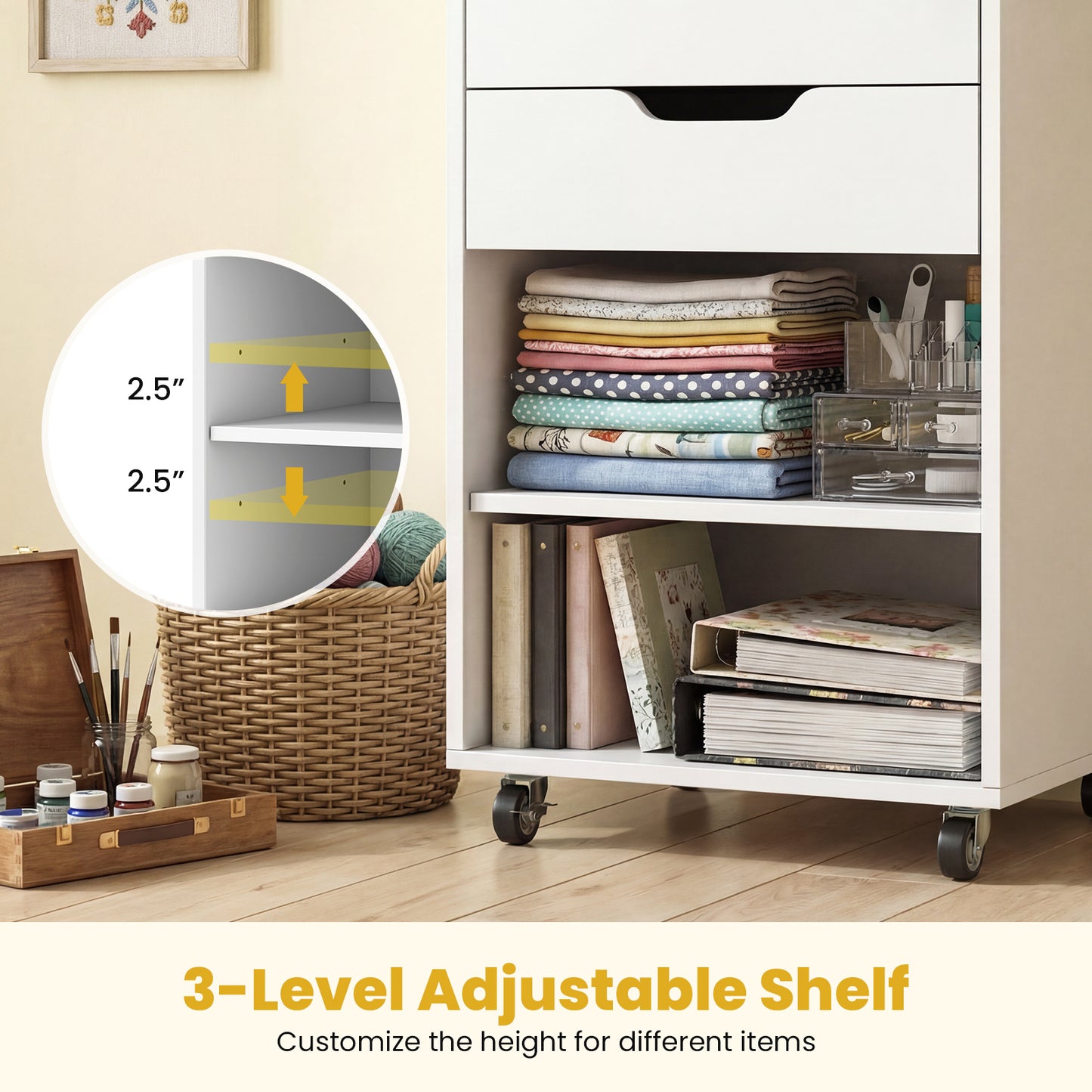 Wrapping Paper Storage Cart, 3 Drawers, Adjustable Shelf, White File Cabinets at Gallery Canada