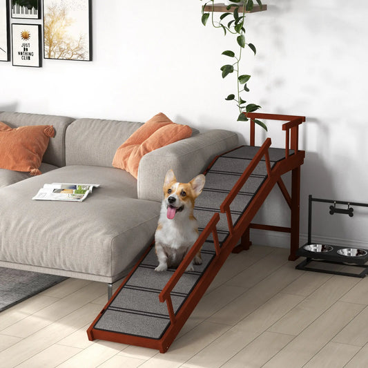Rampe pour chien en bois, 73" de long, tapis antidérapant, garde-corps amovibles, marron