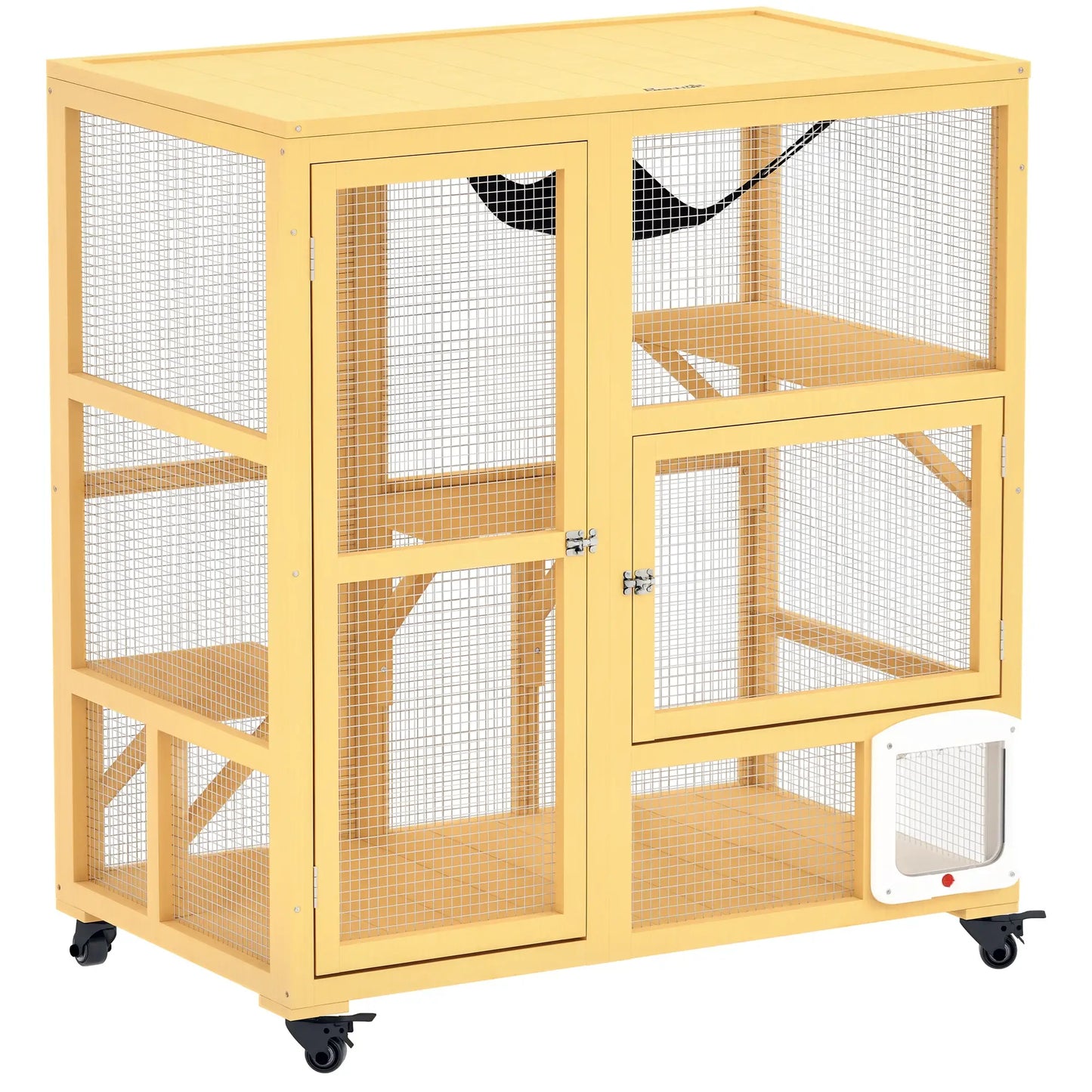 Wooden Cat Condo on Wheels, Cat Flap Door, Hammock, Openable Top, 2 Cats, Yellow Outdoor Cat Enclosures at Gallery Canada
