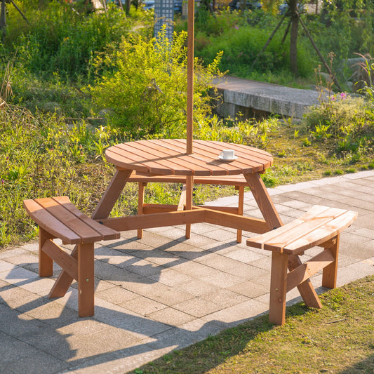 6 Person Round Picnic Table, Wood Patio Set with Umbrella Hole, Brown Outdoor Dining Sets Brown at Gallery Canada