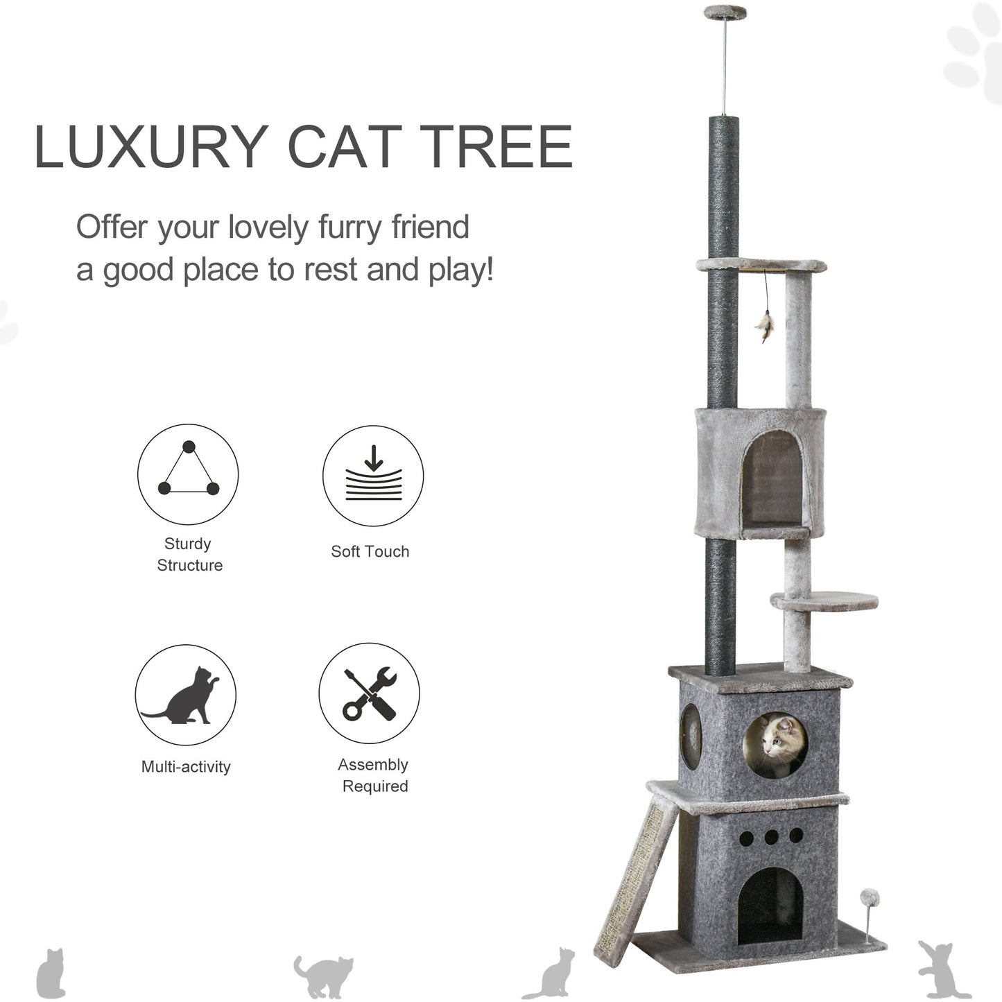 89"-100" Floor to Ceiling Cat Tree 6-Tier Cat Climbing Tower Adjustable High with Scratching Post Board, Ramp, Cat Condo, Perch, Toy Ball, for Indoor Cat, Light Grey at Gallery Canada