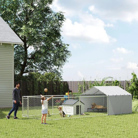 Galvanized Steel Dog Kennel, Outdoor, Waterproof UV-Resistant Cover, 19.7' x 7.5' x 4.9' Houses, Kennels & Pens Silver at Gallery Canada