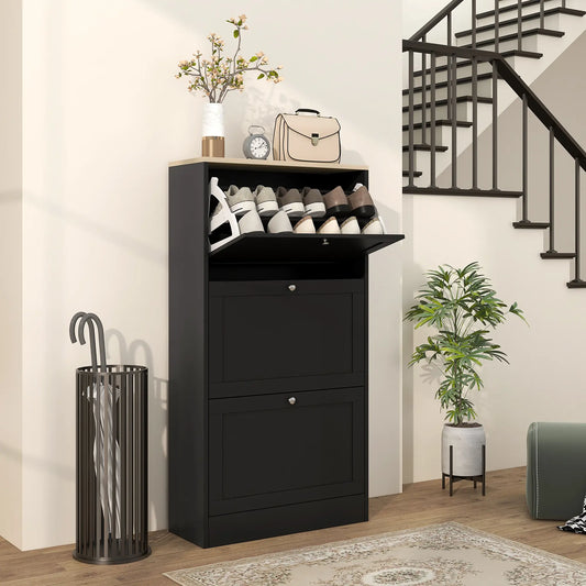 Modern Shoe Storage, 3 Flip Drawers, Adjustable Shelves, 18 Pairs, Black Shoe Storage Cabinets & Racks Black at Gallery Canada