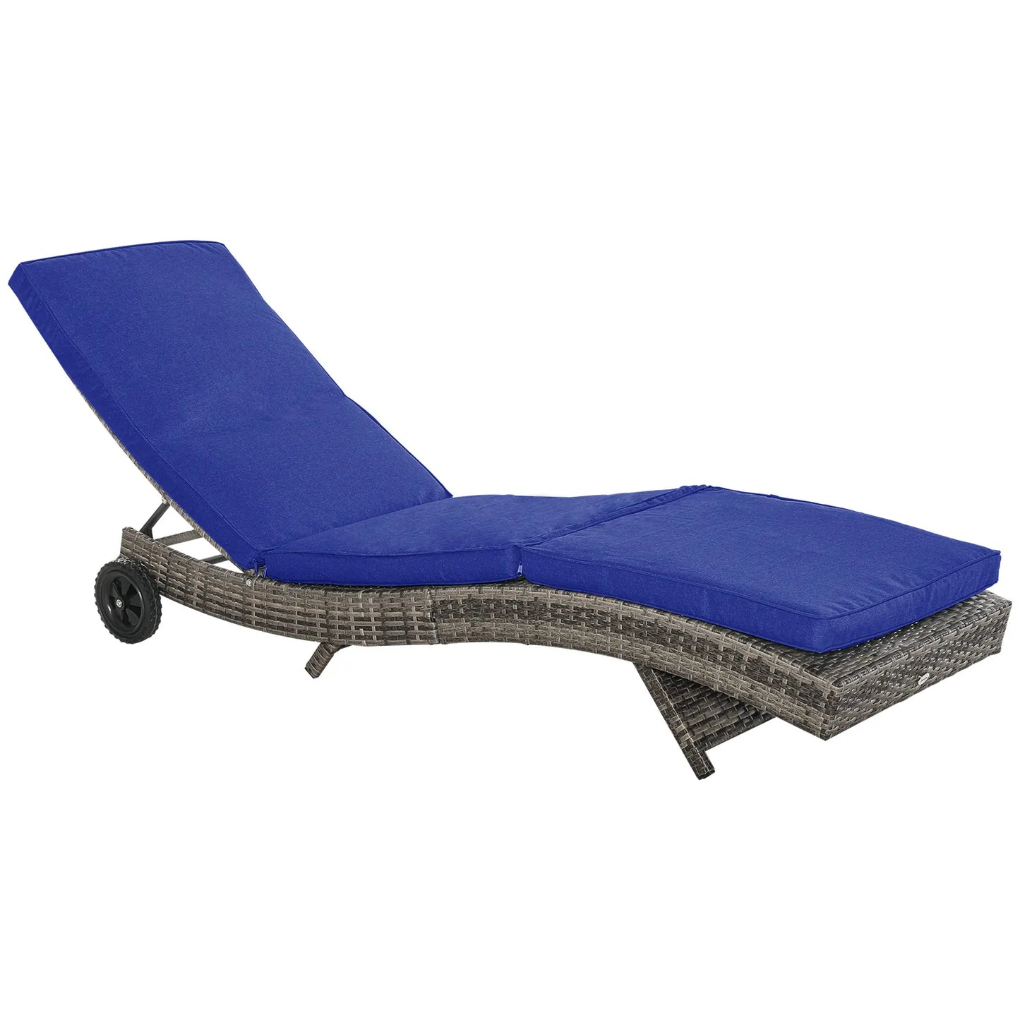 Adjustable Wicker Chaise Lounge with Cushion, Wheels, Dark Blue