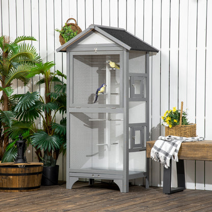 Wooden Bird Aviary Parrot Cage Pet Furniture with Removable Bottom Tray, 2 Doors, Asphalt Roof, 4 Perches, Light Grey