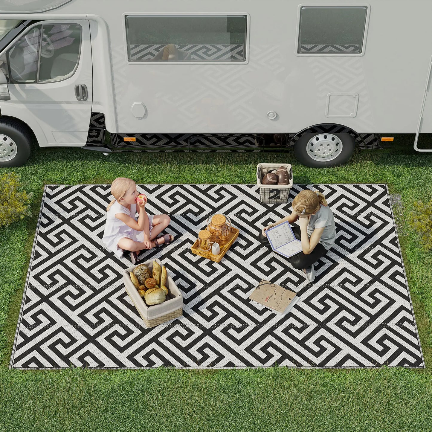 Reversible Outdoor RV Rug, Patio Floor Mat, 6' x 9', Black & White Outdoor Reversible Rugs at Gallery Canada