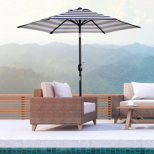 Outdoor Patio Sun Umbrella, 6 Ribs, Stripes, Blue Patio Umbrellas Blue and White Stripes at Gallery Canada
