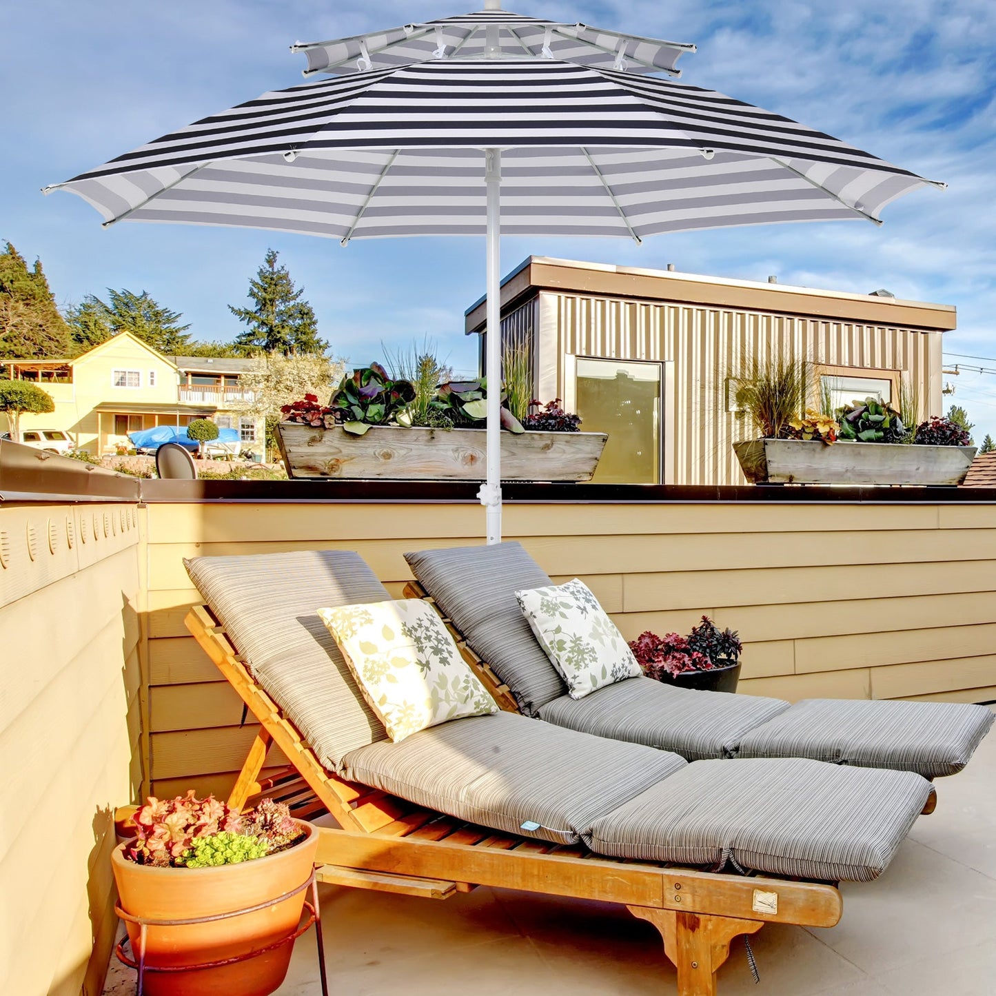 Arc. 8ft Beach Umbrella Double-top Canopy Adjustable Height with Carry Bag for Beach Patio Garden Outdoor Blue Stripe at Gallery Canada