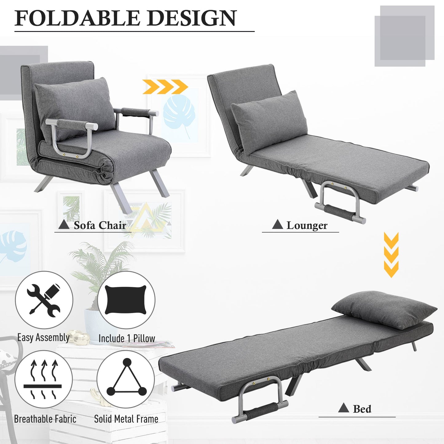5 Position Adjustable Folding Convertible Single Sleeper Sofa Bed Chair Lounge Couch with Pillow (Light Grey) at Gallery Canada