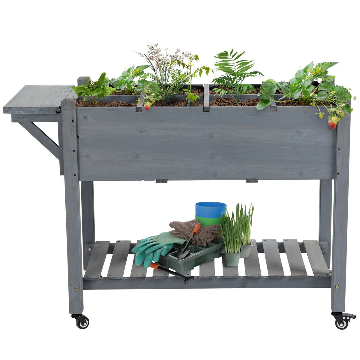 Raised Garden Bed, 8 Grids with Storage Shelf, Elevated Planter Box, Grey Elevated Garden Beds at Gallery Canada