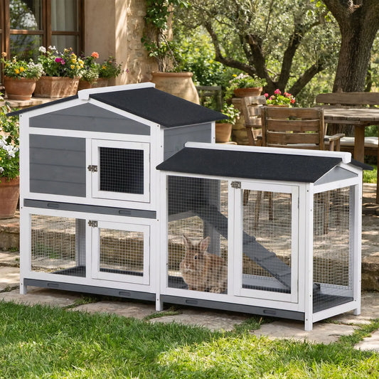 2-Tier Wooden Rabbit Hutch With Ramp, Outdoor Run, Grey Rabbit Hutch Grey, White, Black at Gallery Canada