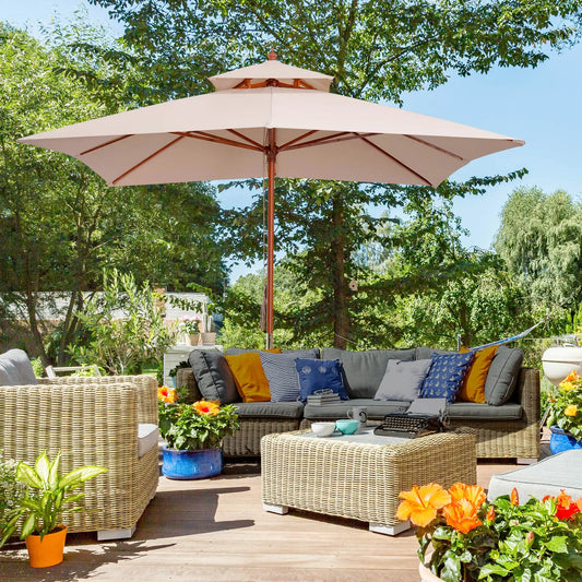 10x10ft Wood Square Patio Umbrella, Pagoda Style, Khaki Sun Umbrellas Khaki at Gallery Canada