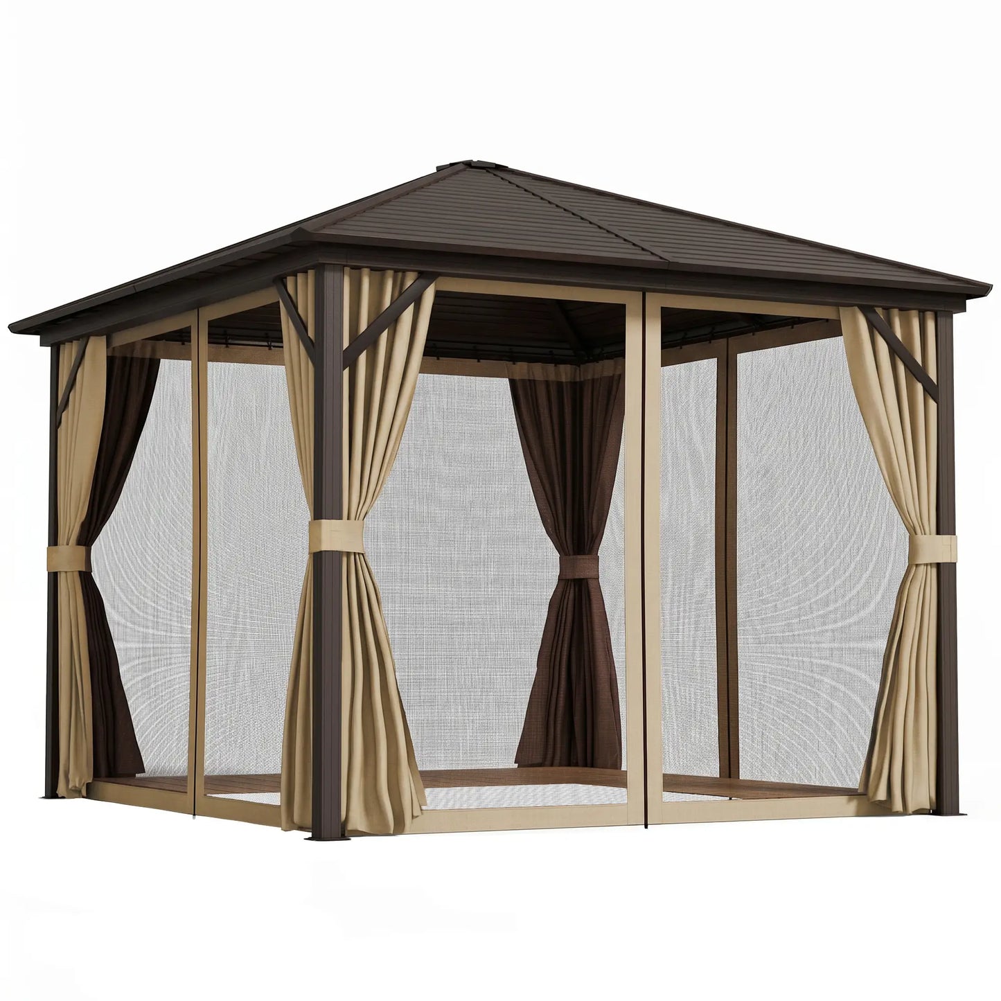 10' x 10' Hardtop Gazebo, Aluminum Canopy, Mosquito Netting, Curtains, Hanging Hook, Brown Gazebos at Gallery Canada
