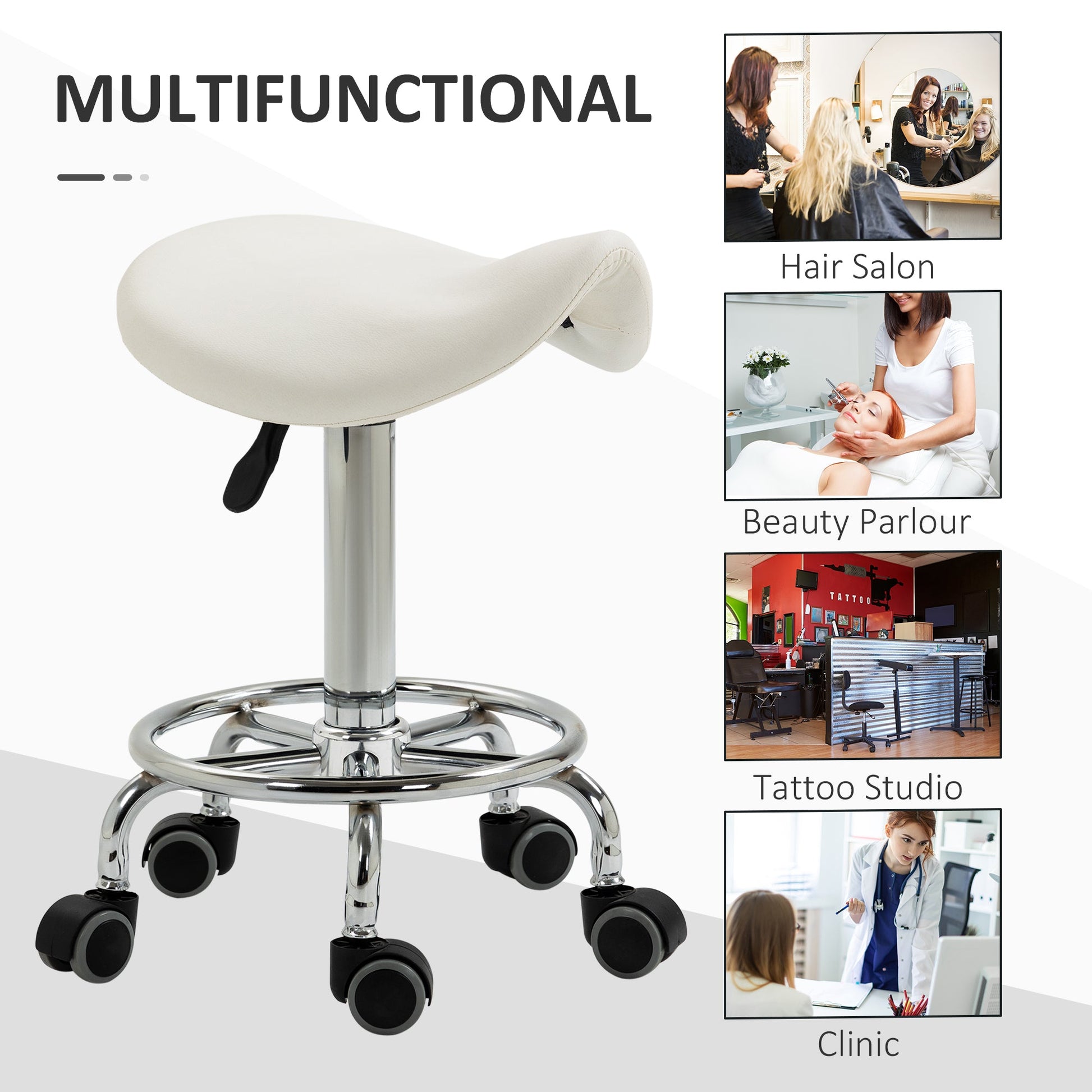 Saddle Stool, PU Leather Adjustable Rolling Salon Chair for Massage, Spa, Clinic, Beauty and Tattoo, White at Gallery Canada