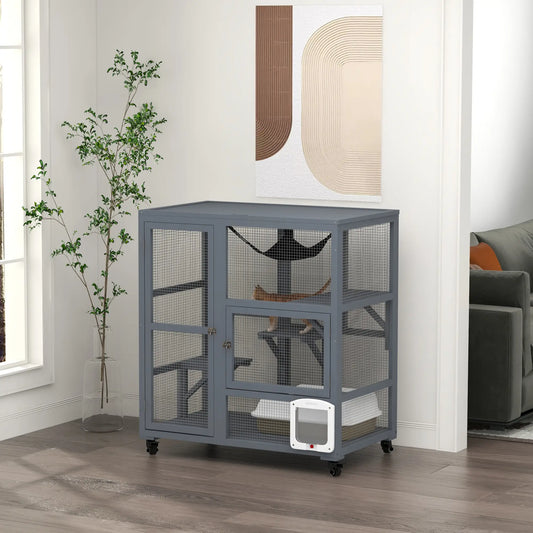 Wooden Cat Condo on Wheels, Cat Flap Door, Hammock, Light Grey Outdoor Cat Enclosures Light Grey at Gallery Canada