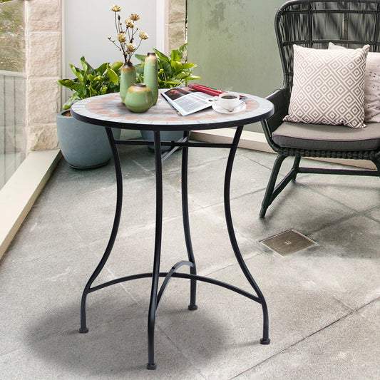 23.5" Round Mosaic Patio Table, Metal Outdoor Coffee Table, Ceramic Top Patio Side Tables Black, Orange and White at Gallery Canada