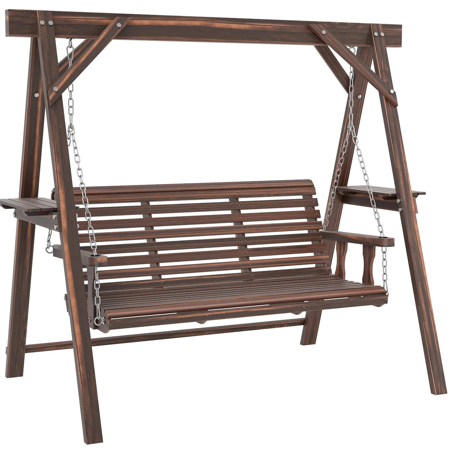 3 Seat Wooden Porch Swing With Stand, Carbonized Brown Patio Swings with Stand at Gallery Canada