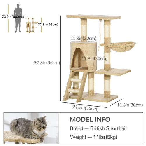 37.8” Cat Activity Tree Tower Center Scratching Pet Furniture Brown
