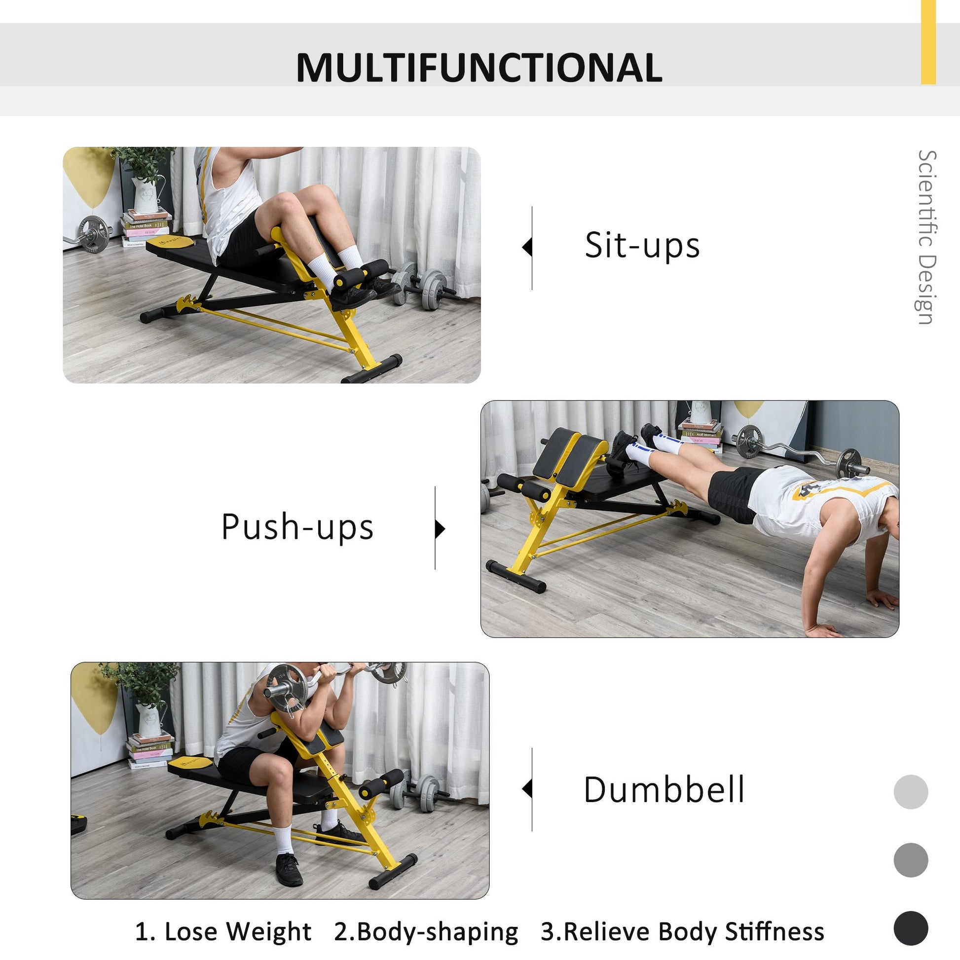 Adjustable Weight Bench Roman Chair Exercise Training Multi-Functional Hyper Extension Bench Dumbbell Bench Ab Sit up Decline Flat Black and Yellow at Gallery Canada