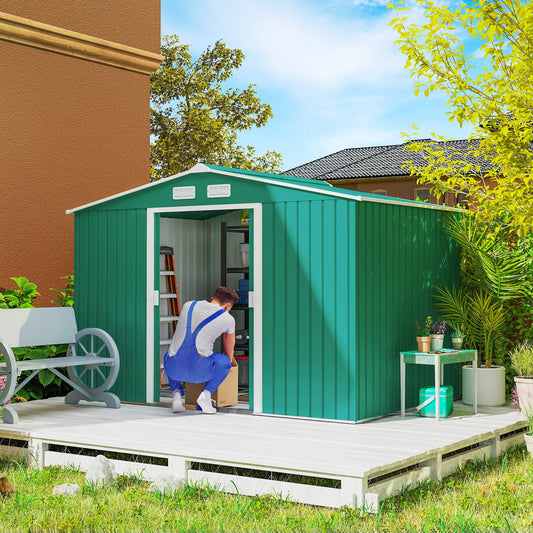 9.1' x 6.4' x 6.3' Garden Storage Shed, Foundation Kit, Metal Tool House, Double Doors, Green Sheds Green at Gallery Canada