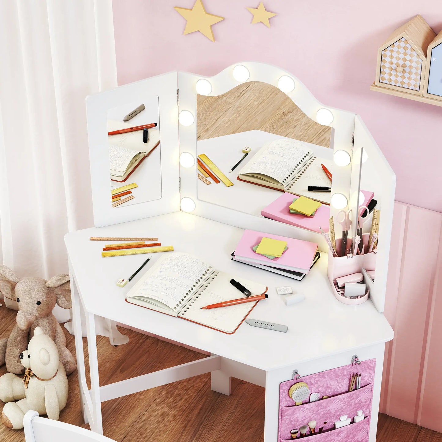 Kids Vanity Table and Chair Set with Lights, Tri-Fold Mirror, White Kids Bedroom Furniture at Gallery Canada
