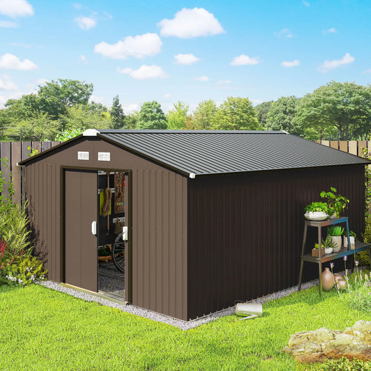 13' Metal Garden Storage Shed, Foundation Kits Included, Brown