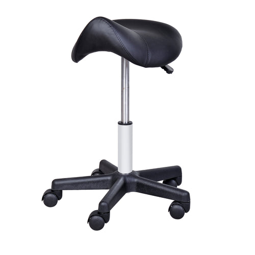 Saddle Stool, PU Leather Rolling Stool with Wheels, Adjustable Salon Chair for Kitchen, Salon Spa, Bar, Home Office, Massage, Black