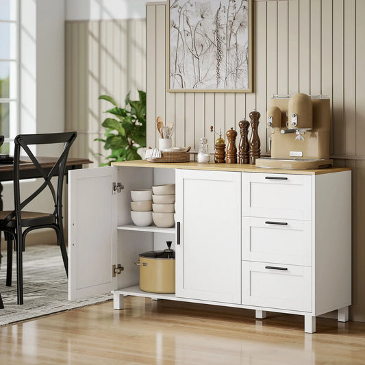 Buffet Cabinet with Soft Close Doors, Modern Sideboard with 3 Drawers, White Bar Cabinets White, Natural at Gallery Canada